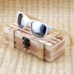 BOBO BIRD Womens Mens Bamboo Wooden Sunglasses White Frame  eyewear With Coating Mirrored UV 400 Protection Lenses in Wooden Box