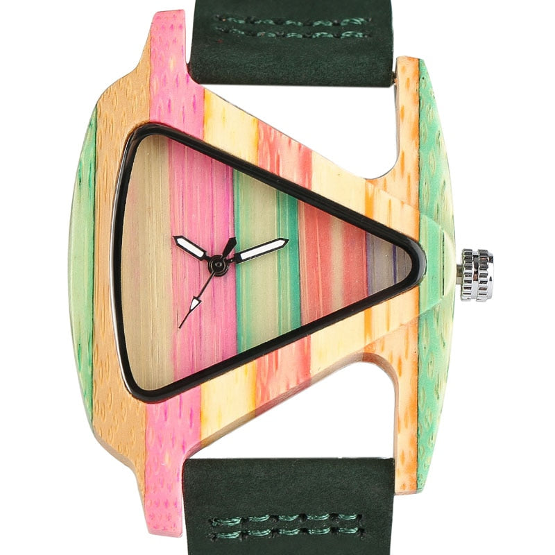 Creative Women Wood Watches Unique Colorful Wooden Triangle Hollow Quartz Wristwatch Ladies Elegant Fashion Genuine Leather Hour