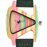 Creative Women Wood Watches Unique Colorful Wooden Triangle Hollow Quartz Wristwatch Ladies Elegant Fashion Genuine Leather Hour