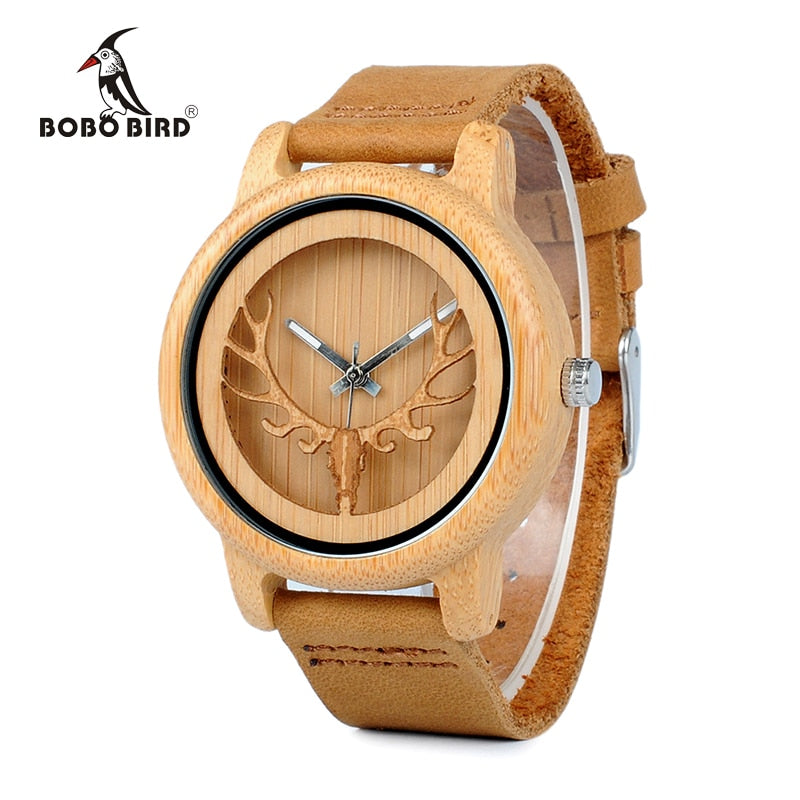BOBO BIRD CA27 Hollow Deer Head Bamboo Wood Casual Watches for Men Women Ladies Leather Strap Quartz Watch free shipping