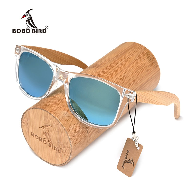 BOBO BIRD Handmade Polarized Sunglasses Women Men With Colorful Lens Transparent Plastic Frame Bamboo Legs Fashion Gifts CG008