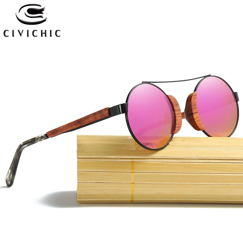CIVICHIC Retro Wooden Polarized Round Sunglasses Men Bamboo Eyewear Women Brand Designer UV400 Mirror Filmed Lens Lunettes KD050