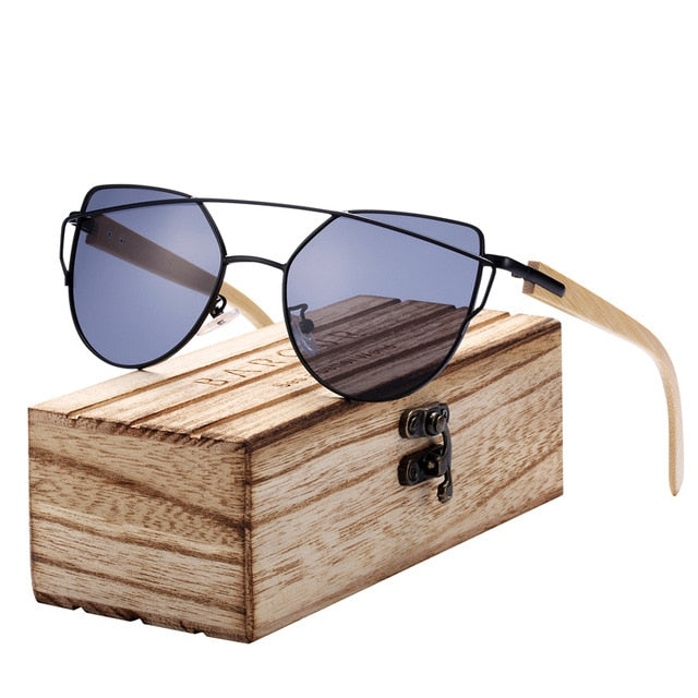 BARCUR Bamboo Cat Eye Sunglasses Polarized Metal Frame Wood Glasses Lady Luxury Fashion Sun Shades With Box Free