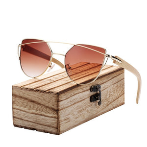BARCUR Bamboo Cat Eye Sunglasses Polarized Metal Frame Wood Glasses Lady Luxury Fashion Sun Shades With Box Free