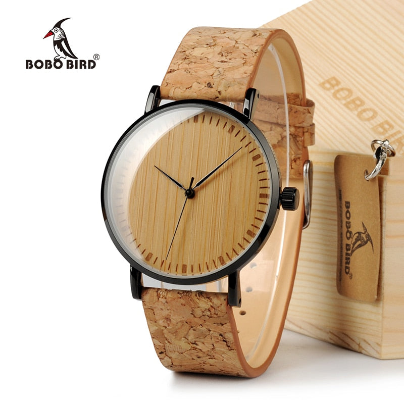 BOBO BIRD E19 Ultra Thin Bamboo Wooden Watches Men Women Simple Quartz Watches Cork Band relojes para mujer
