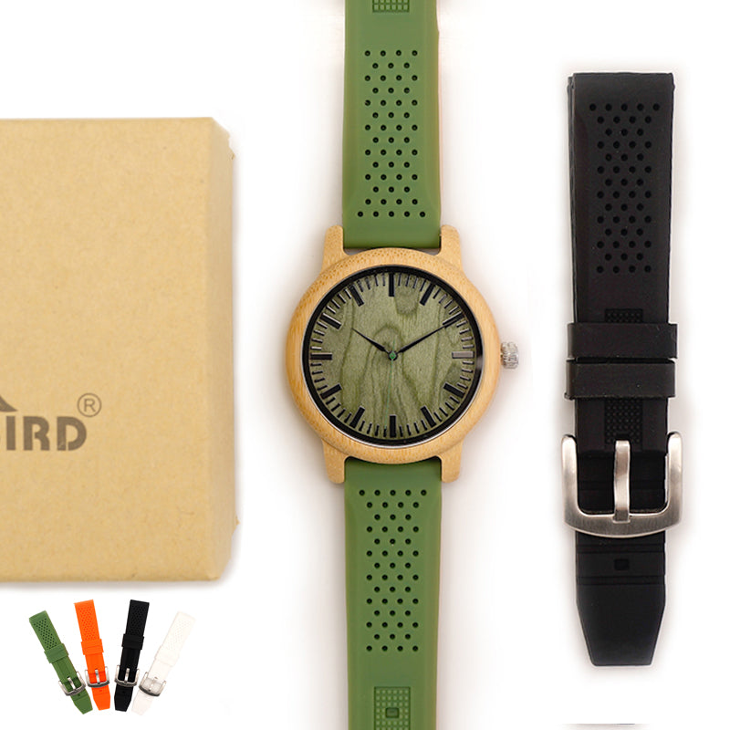 BOBO BIRD Bamboo Wooden Watch Men Quartz Watch with Green Silicone Strap Extra Band Men's Gift with Box relogio masculino W-B06