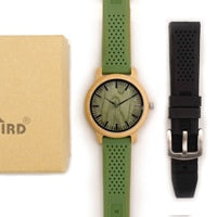 BOBO BIRD Bamboo Wooden Watch Men Quartz Watch with Green Silicone Strap Extra Band Men's Gift with Box relogio masculino W-B06