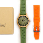 BOBO BIRD Bamboo Wooden Watch Men Quartz Watch with Green Silicone Strap Extra Band Men's Gift with Box relogio masculino W-B06