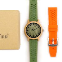 BOBO BIRD Bamboo Wooden Watch Men Quartz Watch with Green Silicone Strap Extra Band Men's Gift with Box relogio masculino W-B06