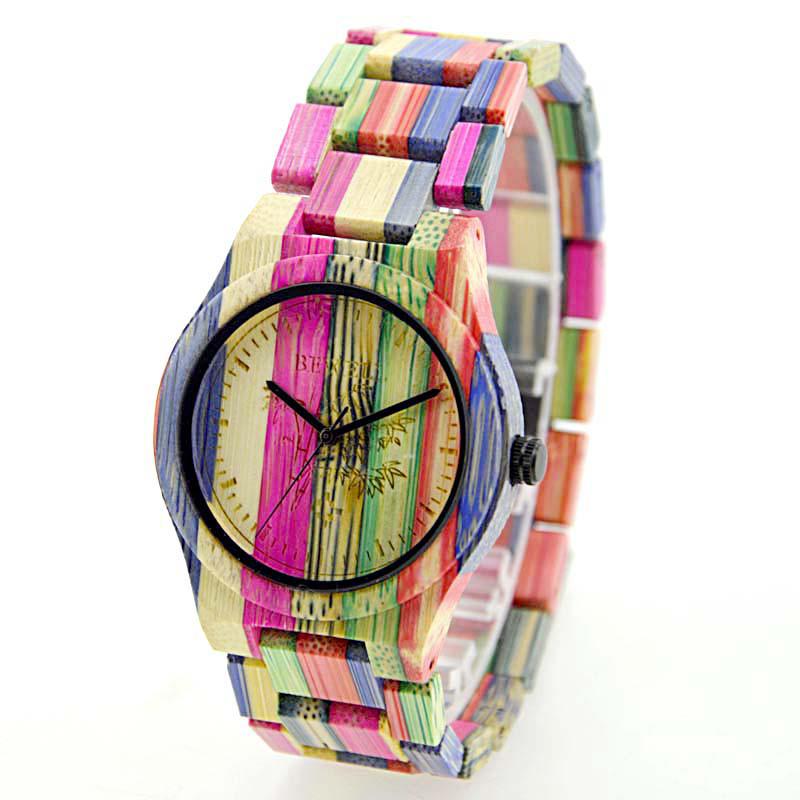 BEWELL Women Men Elegant Colorful Bamboo Wood Watch Waterproof Fashionable Quartz Wrist Watch (with Gift Box)