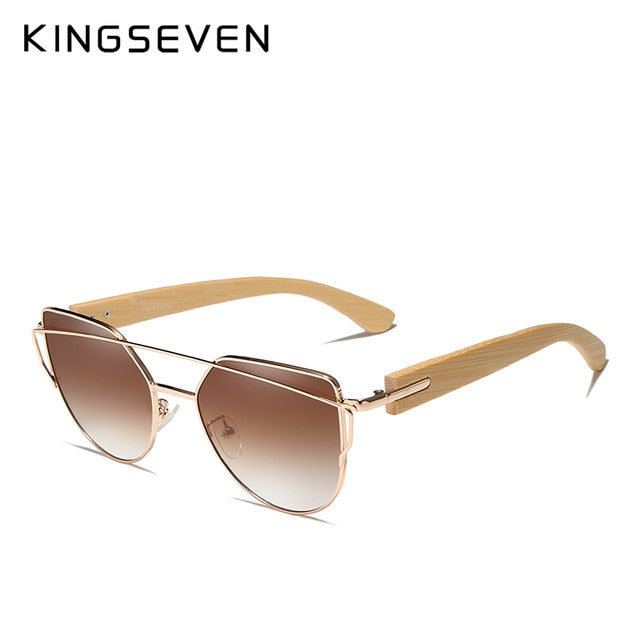 Original KINGSEVEN Brand Bamboo Cat Eye Sunglasses Polarized Metal Frame Wood Glasses Women Luxury Sun Glasses With Wood Case