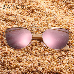 BARCUR Bamboo Cat Eye Sunglasses Polarized Metal Frame Wood Glasses Lady Luxury Fashion Sun Shades With Box Free