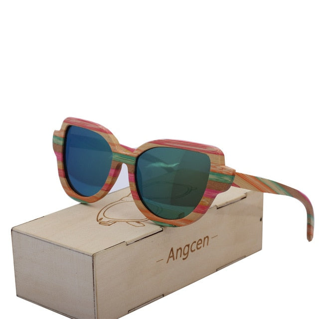 Angcen vintage bamboo sunglasses polarized women brand designer ladies wood sunglasses luxury handmade multicolor Frame with Box