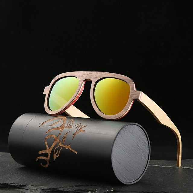 Angcen Vintage Polarized Pilot Sunglasses Men and Women Sun glasses Polarized retro wooden bamboo sunglasses unisex