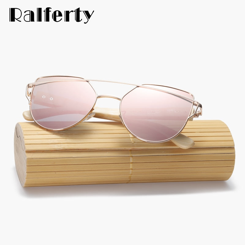 Ralferty Bamboo Sunglasses Women Cat Eye Retro Pink Vintage Sun Glasses UV400 Wood Sunglass 2019 New Quality Eyewear Oculo K1585