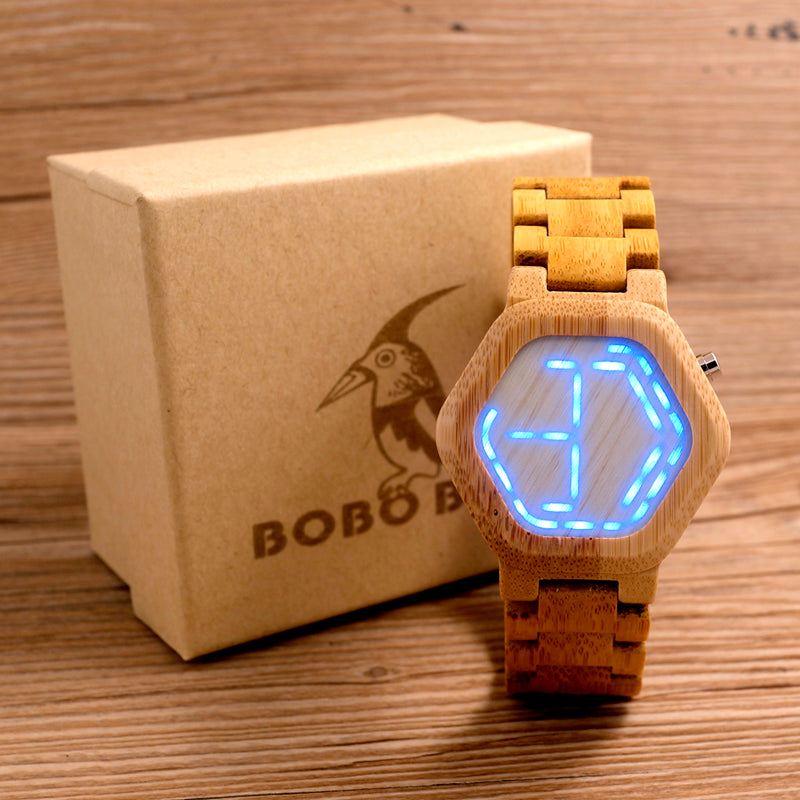 relogio BOBO BIRD LED Wood Men's Watches Digital Watch Men Night Vision Calendar Quartz Wristwatch Minimal Time Display C-eE03